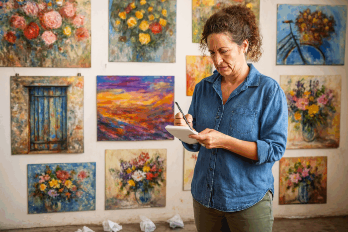 Artist Pricing Her Paintings in Studio