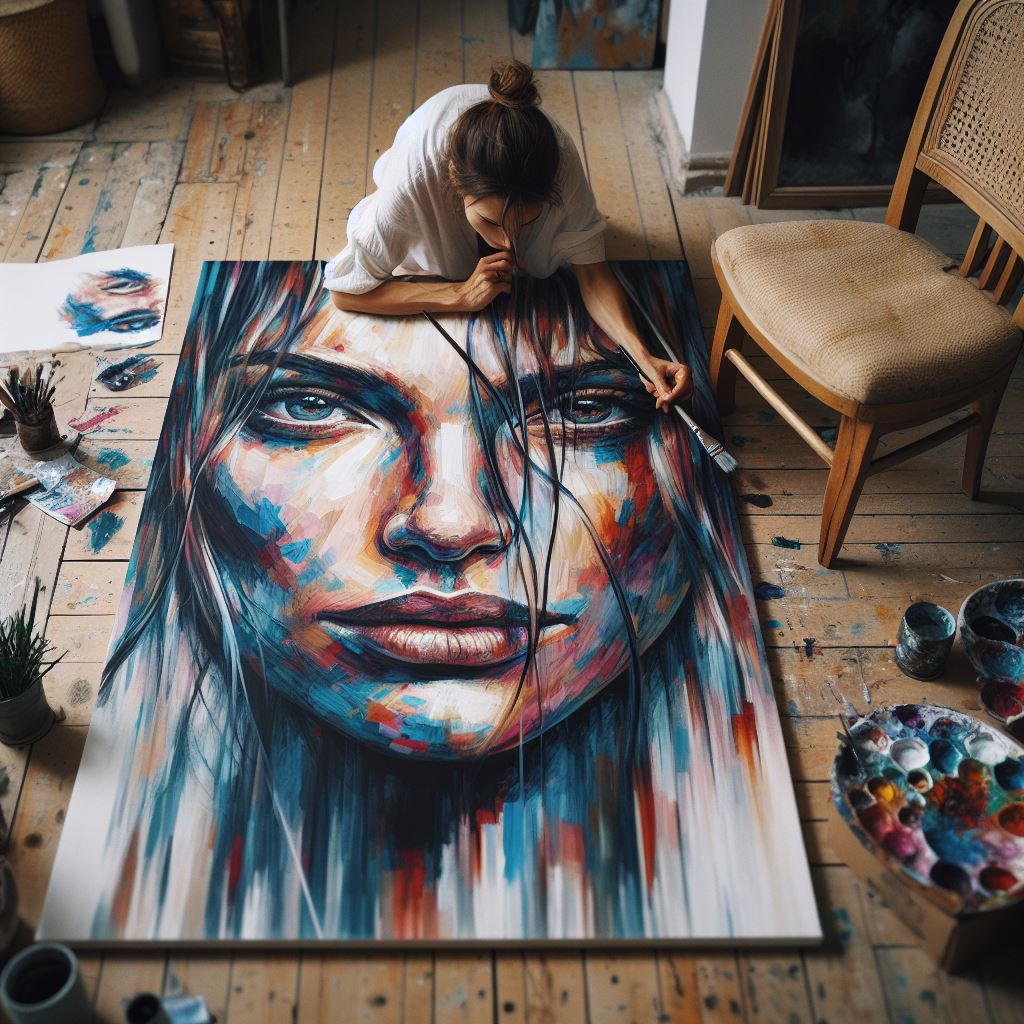 Artist painting on floor. AI Created
