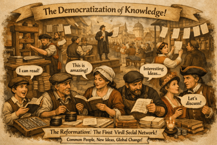 Knowledge + Humorous comic-style illustration of the history of printing, featuring ancient Chinese inventors and Gutenberg, LifeArt School + Academy Humorous comic-style illustration of the history of printing, featuring ancient Chinese inventors and Gutenberg, LifeArt School + Academy