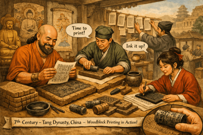 Humorous comic-style illustration of the history of printing, featuring ancient Chinese inventors and Gutenberg, LifeArt School + Academy Humorous comic-style illustration of the history of printing, featuring ancient Chinese inventors and Gutenberg, LifeArt School + Academy